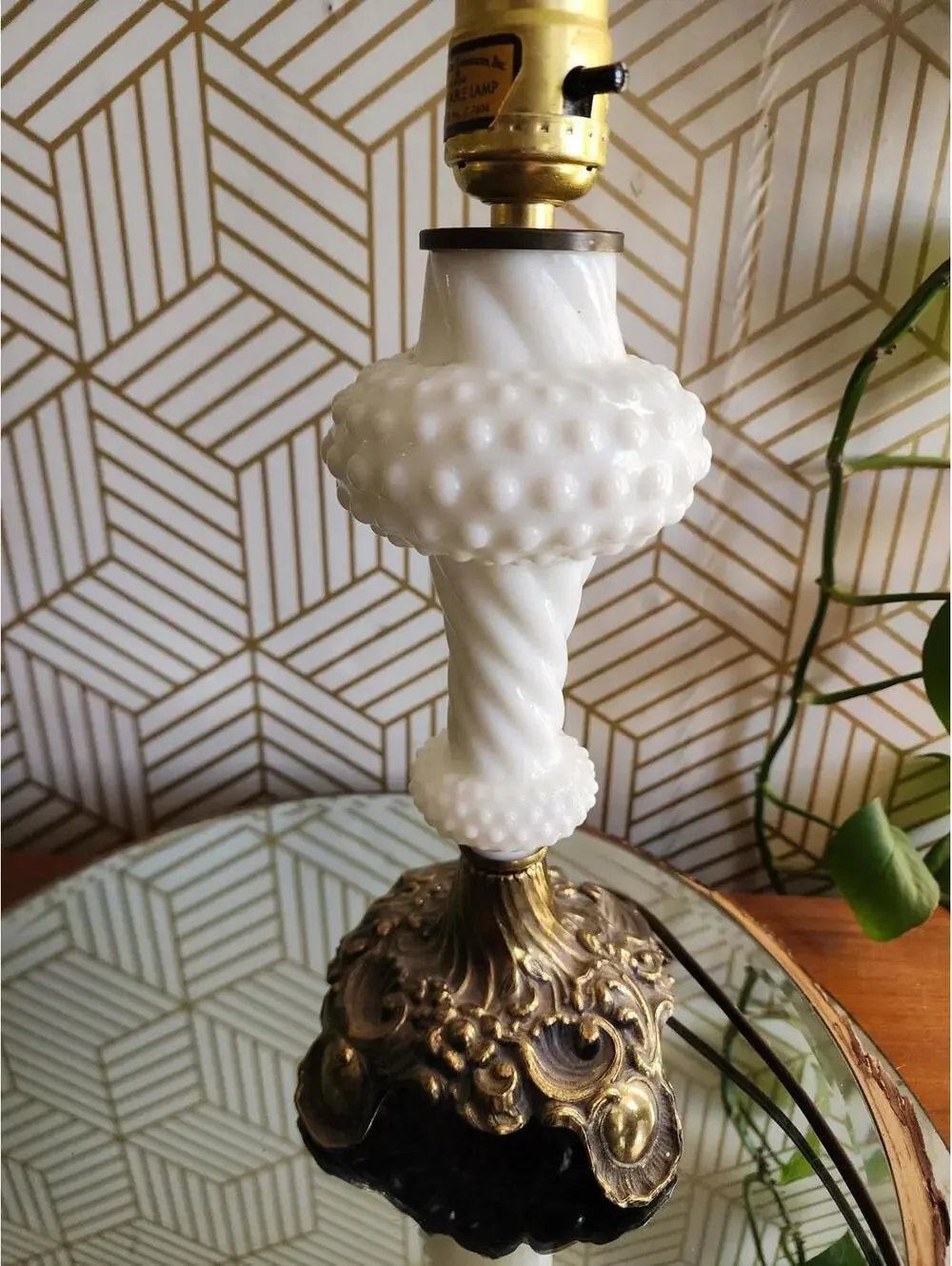 Vintage Hollywood Regency Brass and Milkglass Boudoir Lamp